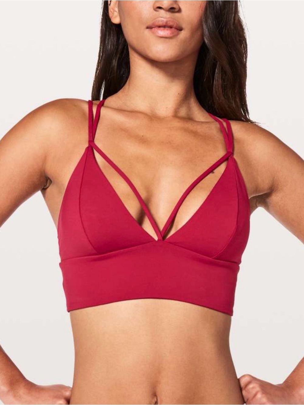 lululemon pushing limits bra luxtreme ruby red 6 strappy v-neck plunge